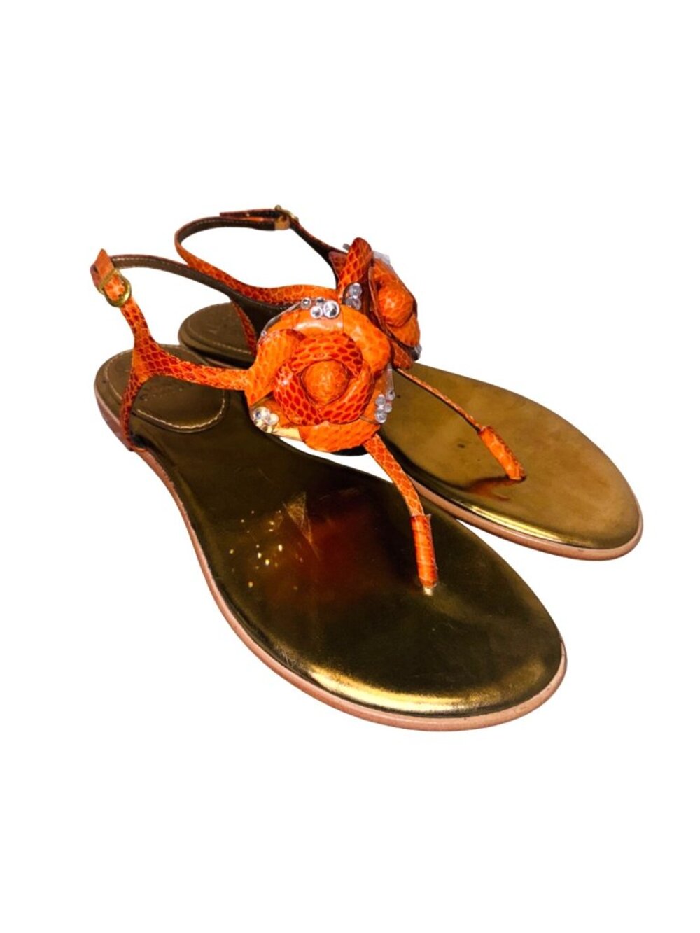 Vince Camuto Orange Snake-Embossed Flat Sandal Women 9 Gold Leather Flower Accen - Picture 2 of 11
